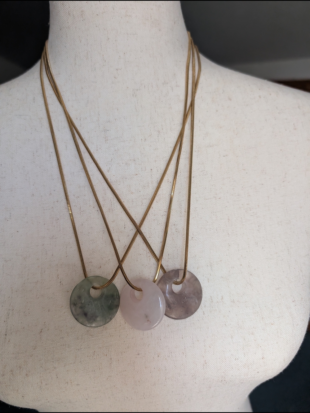 Gold Chain Three-Stone Quartz Pendant Necklaces - Pink, Green, Gray - Picture 11 of 14